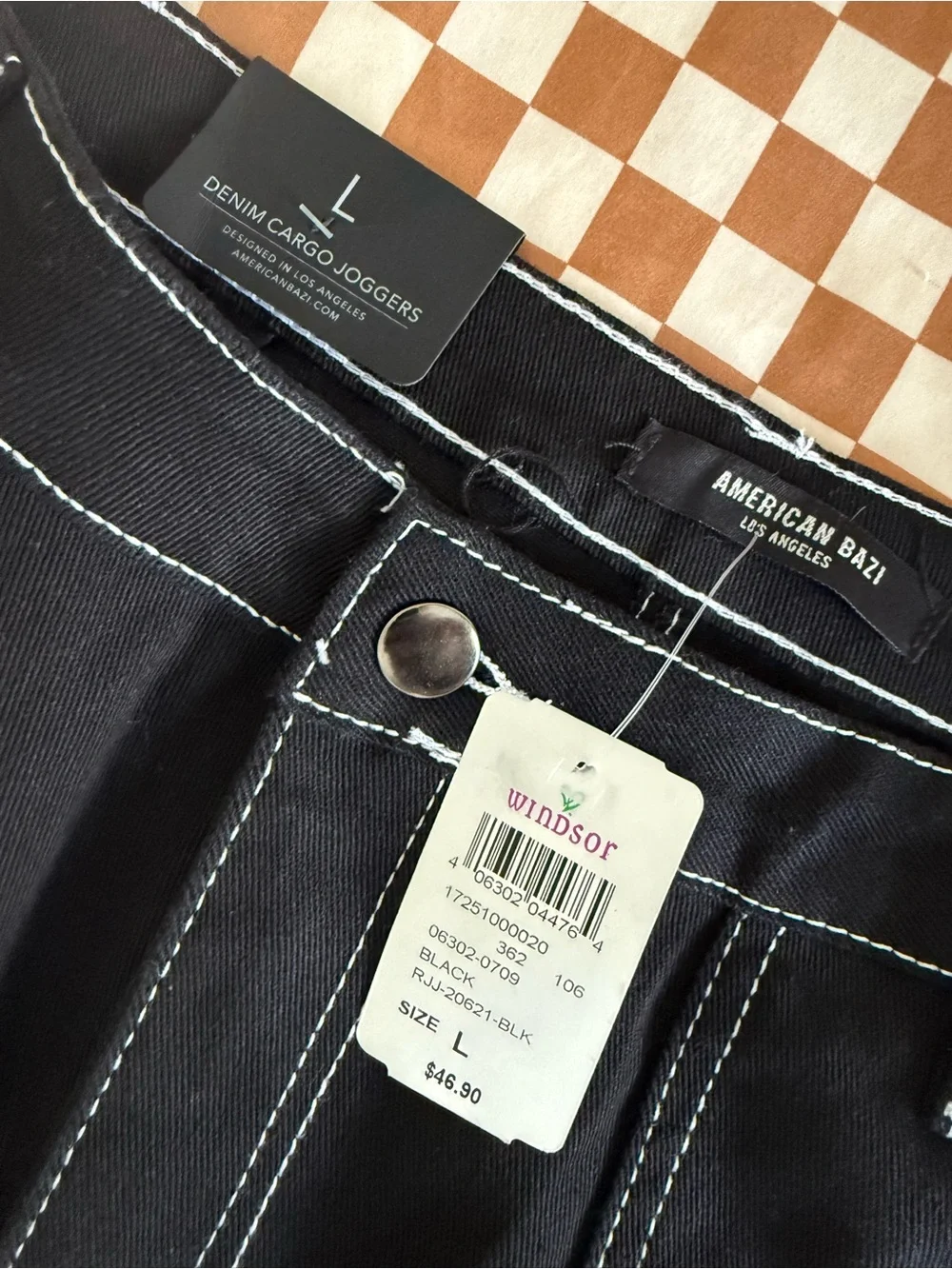 American Bazi Black Cargo Joggers with White Contrast Stitching